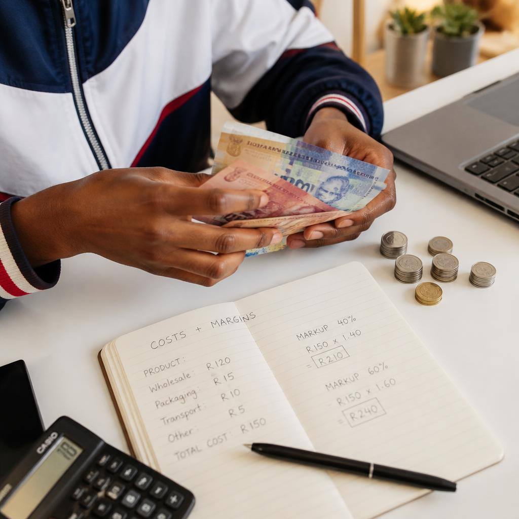 A learner counting the Rand takings from their first venture
