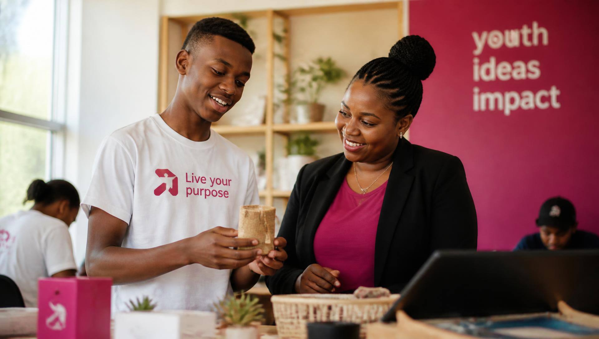 A South African teenager proudly discussing a handmade product with a mentor in a bright Tycoon Academy classroom