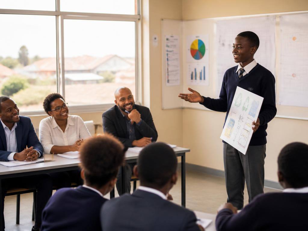 A young South African Tycoon confidently presents their venture progress to a panel of judges in a bright classroom