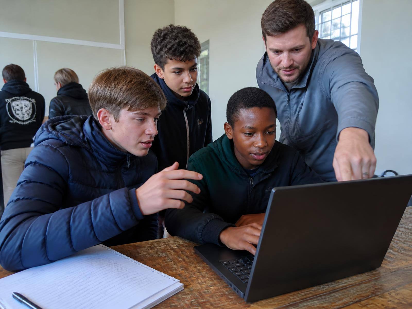 Teenagers using AI on a laptop with a mentor, notes open beside them