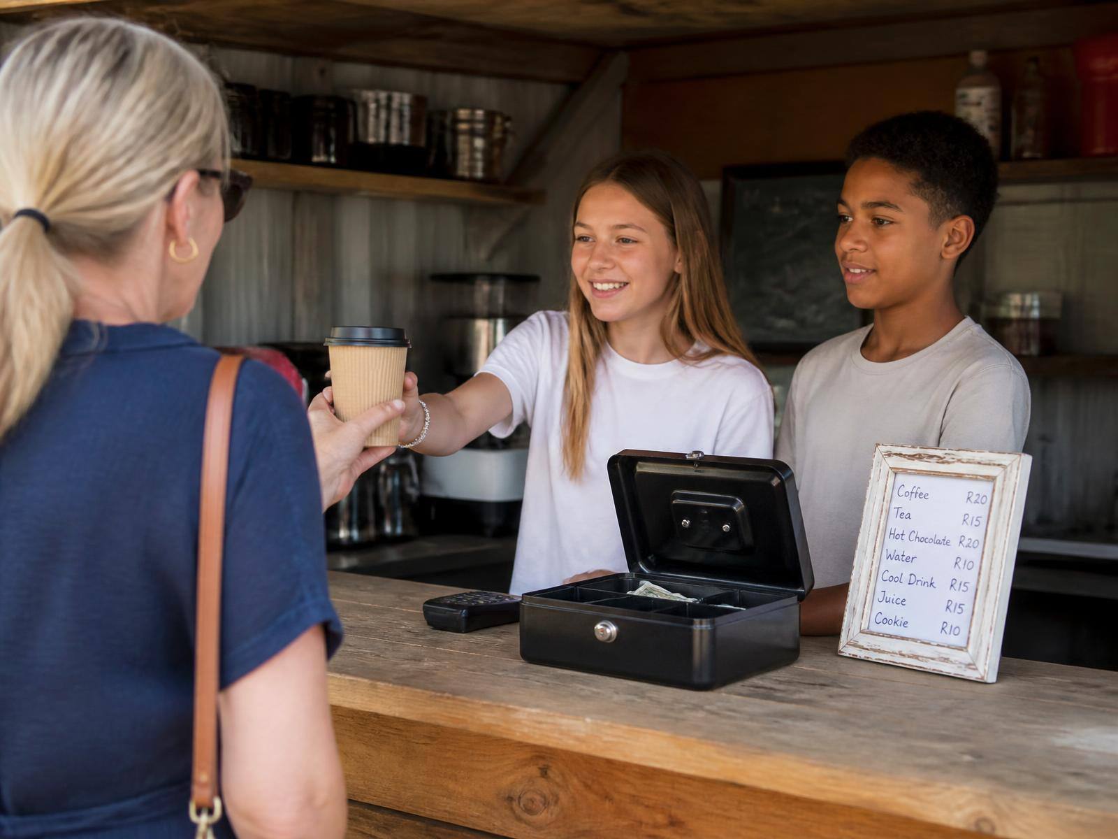 Two teenagers serving a paying customer at the stall they built
