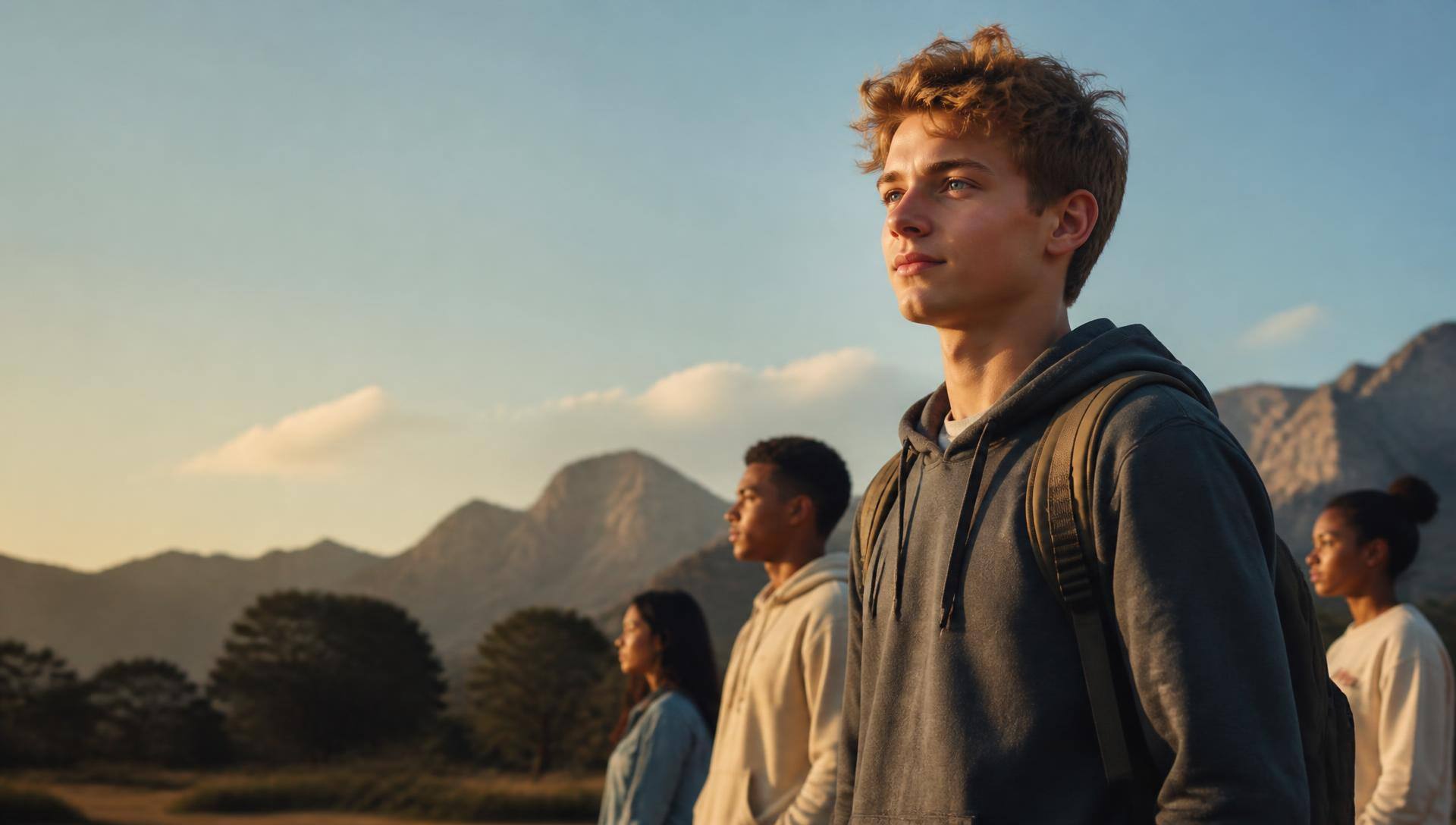 A confident teenager looking ahead at golden hour with friends behind
