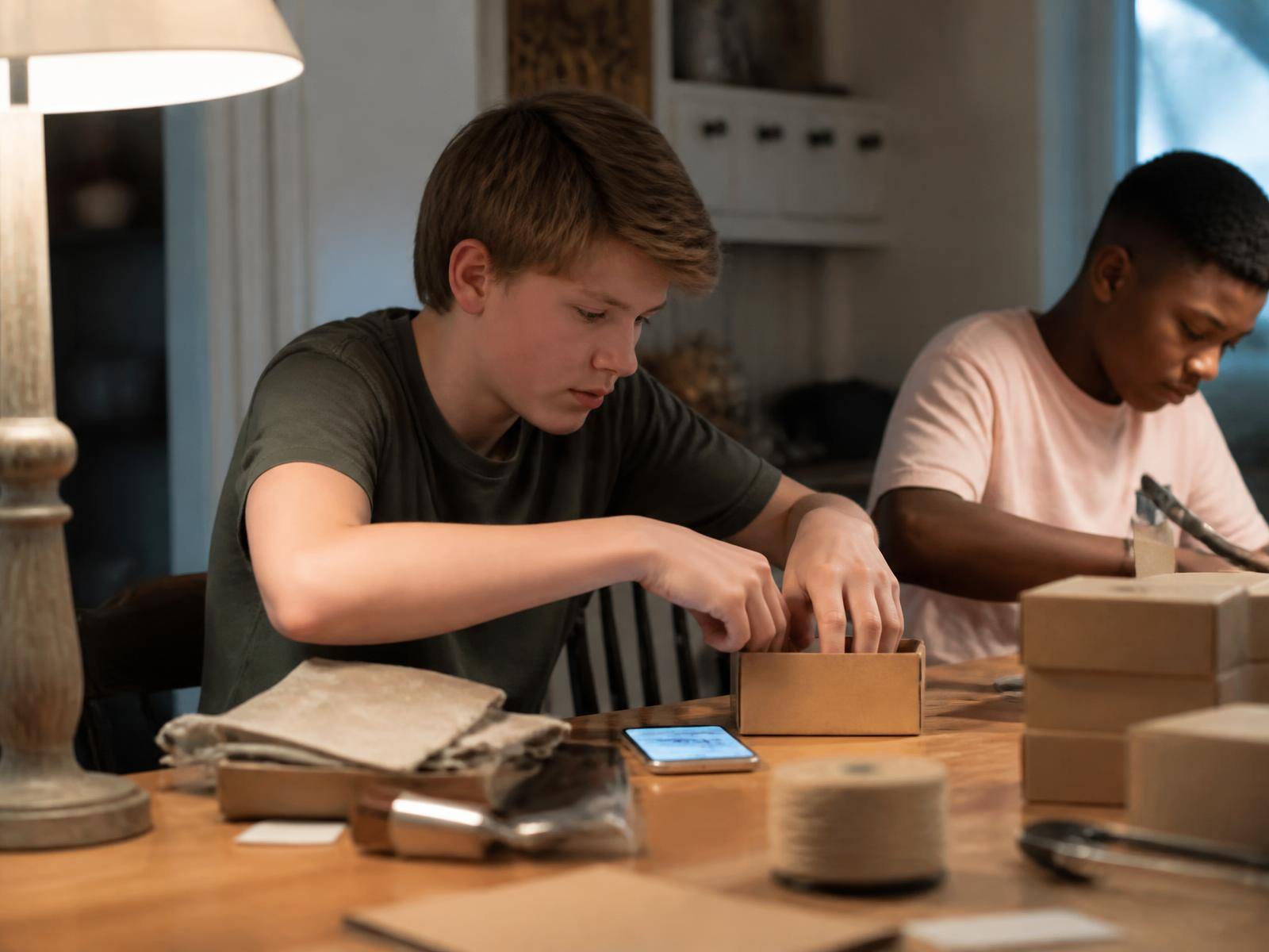 A teenager packing orders for their own venture at home