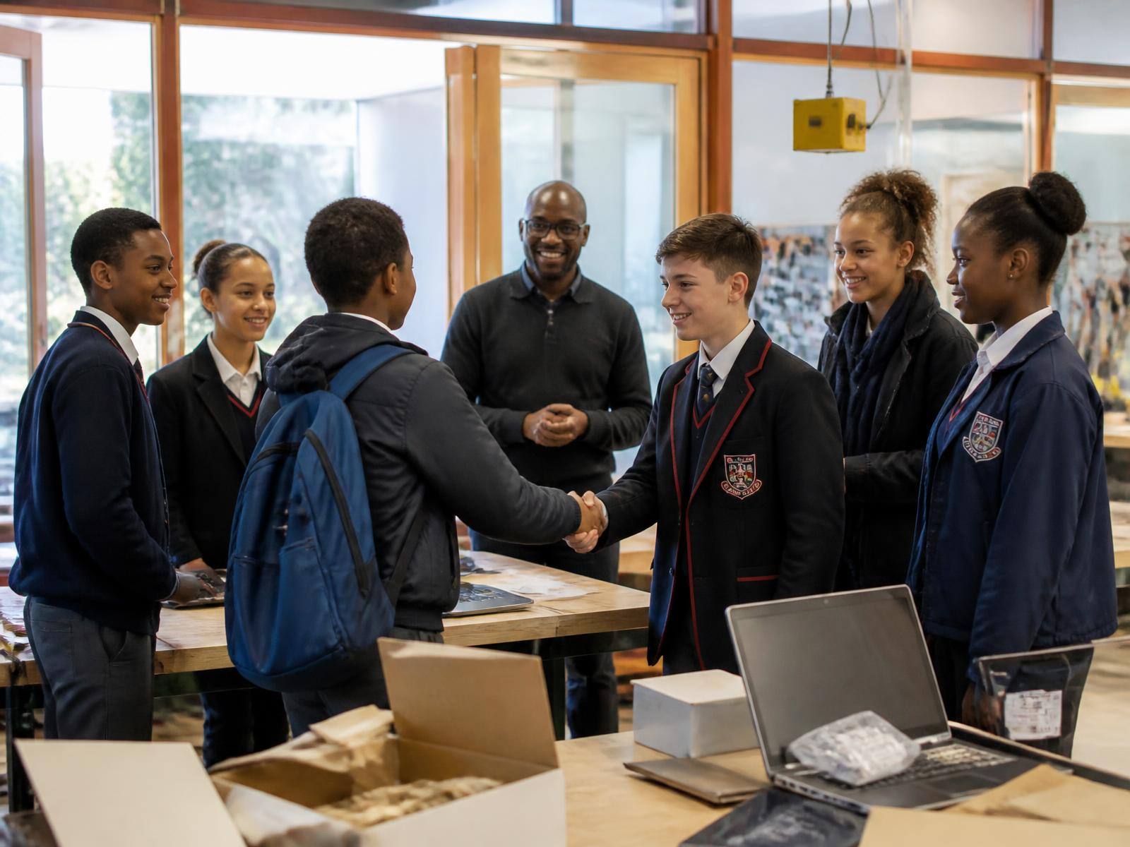 A new learner being welcomed into a Tycoon Academy classroom by classmates and their teacher