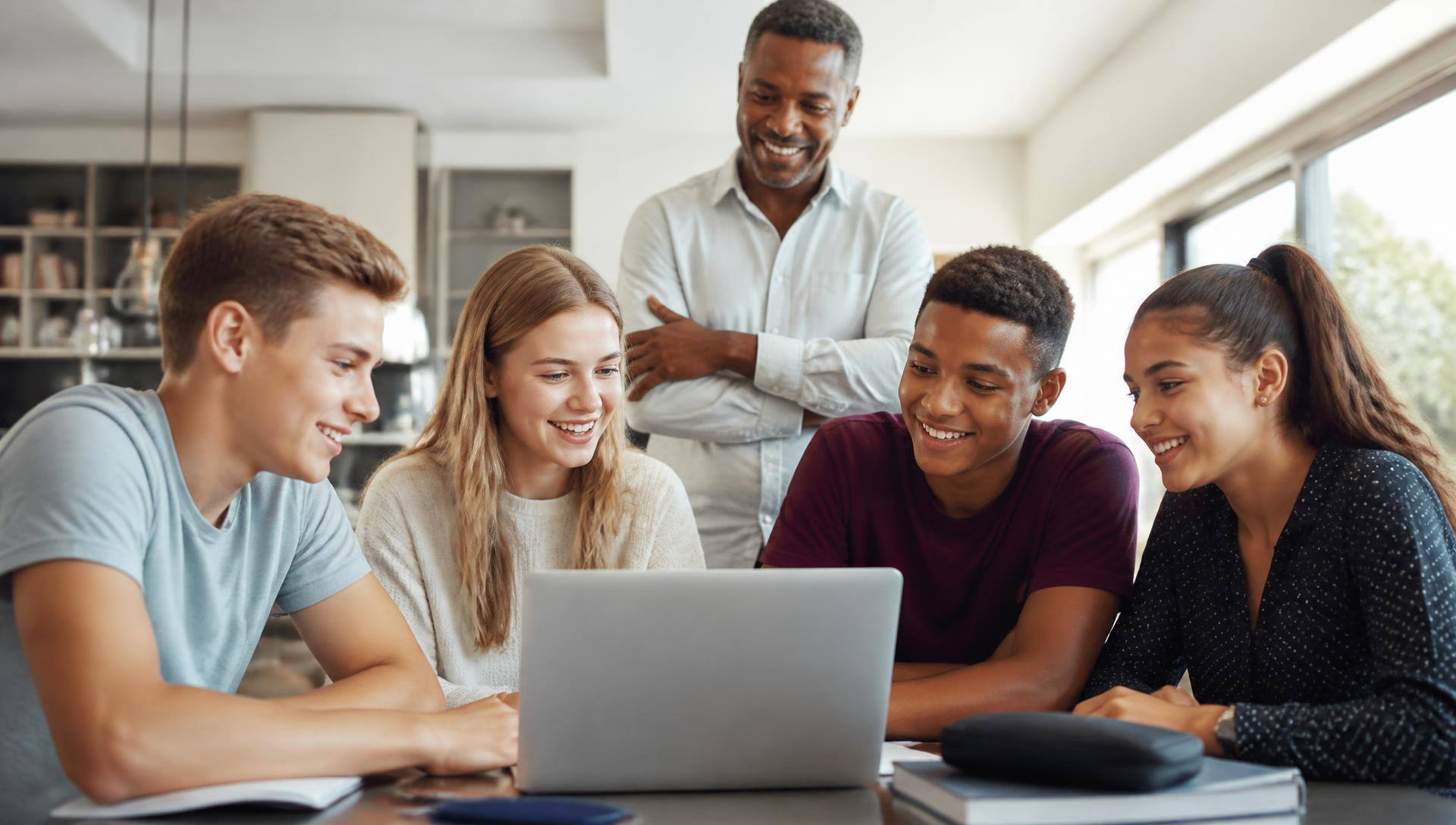 Diverse South African teenagers collaborating with a mentor in a modern learning space