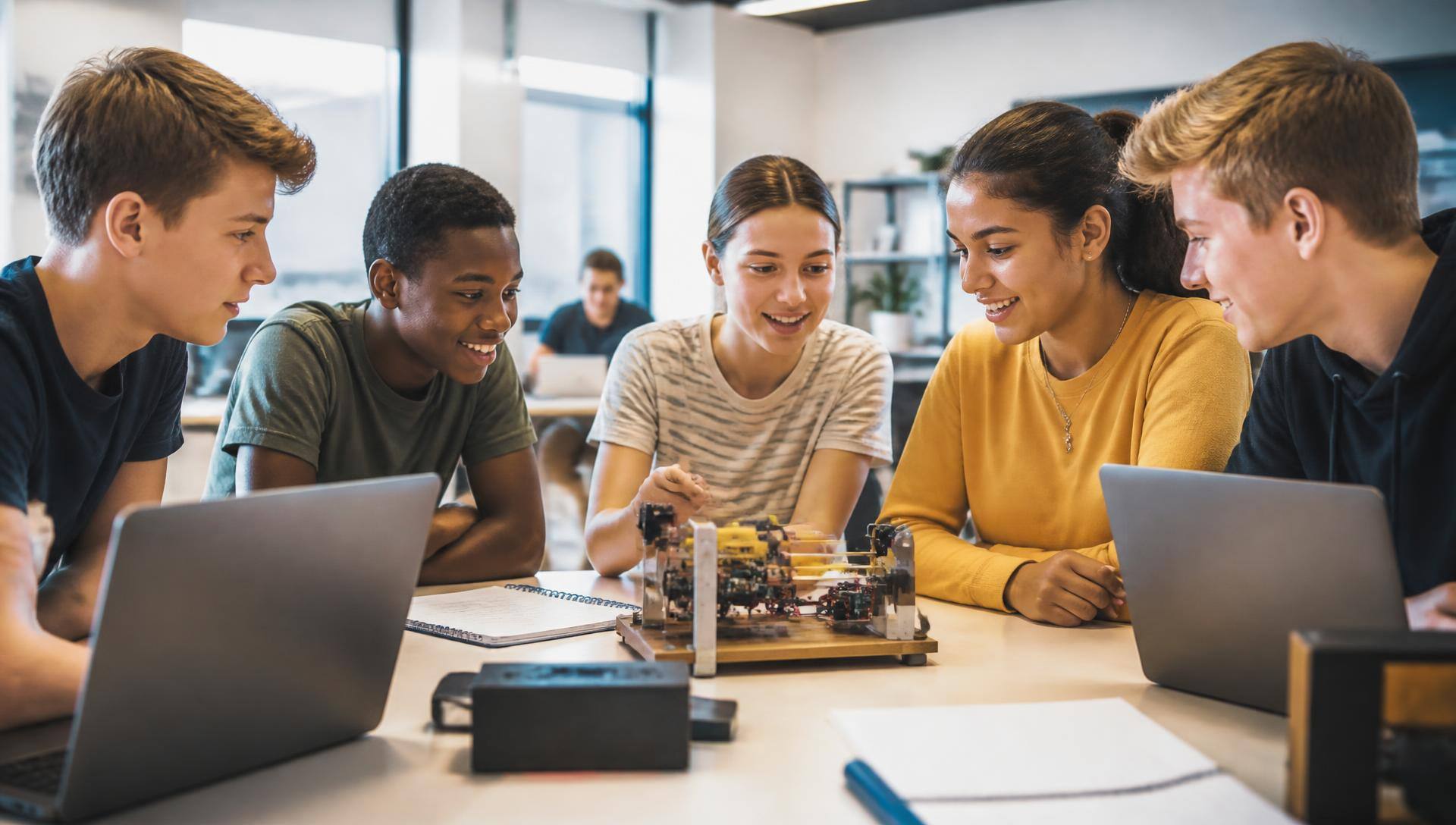 Diverse South African teenagers collaborating in a modern school innovation space